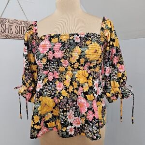 Twine & String Smocked Floral Square Neck Blouse Cottagegore Mori Girl Small Y2K